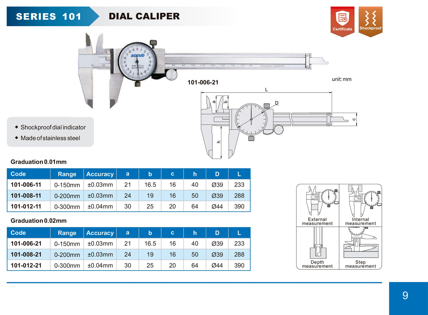 DIAL CALIPER range 0-300mm resolution 0.02mm