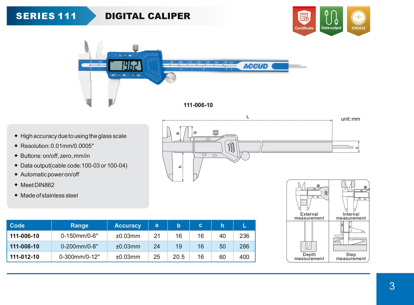 DIGITAL CALIPER range 0-200mm/0-8" resolution 0.01mm/0.0005"