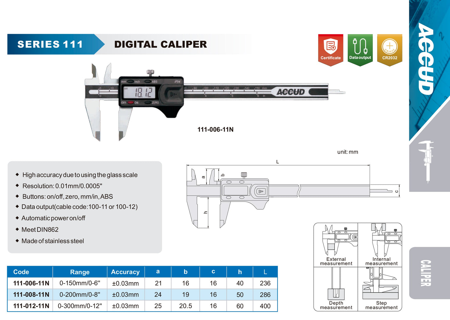 DIGITAL CALIPER range 0-150mm/0-6" resolution 0.01mm/0.0005"