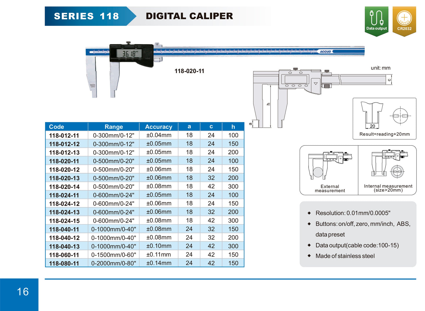 DIGITAL CALIPER. jaw length 100mm range 0-500mm/0-20" resolution 0.01mm/0.0005"